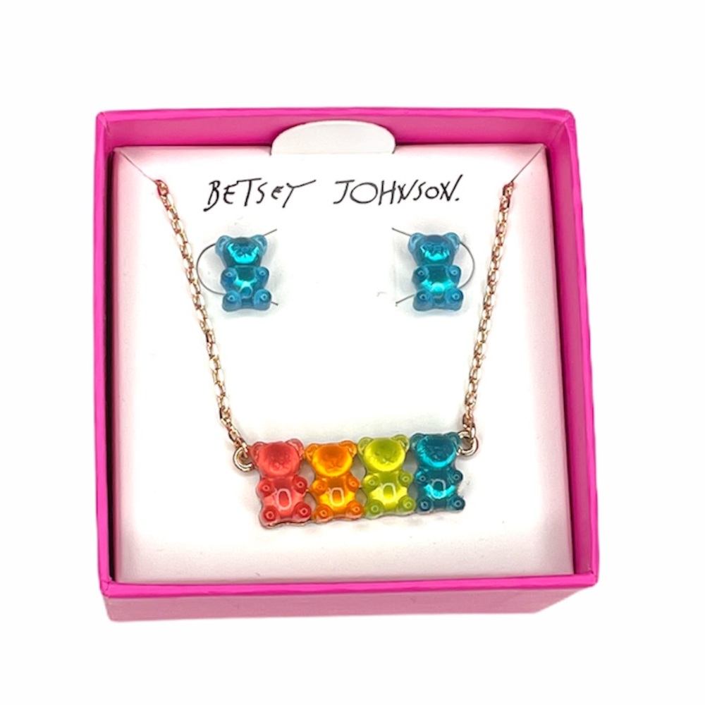 Betsey Johnson Gummy Bear Earrings & Necklace Set Gold Red Blue Yellow Orange